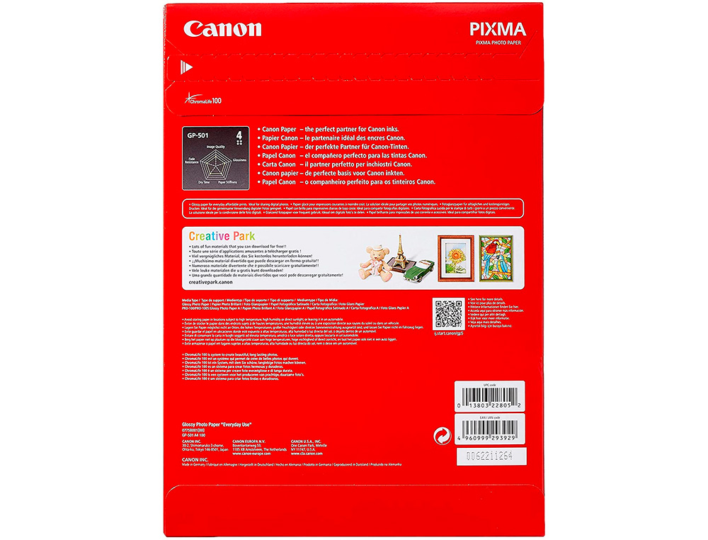 CANON - Papel foto A4 brillante 200gr/m2 paquete 100 hojas (Ref. 0775B001)