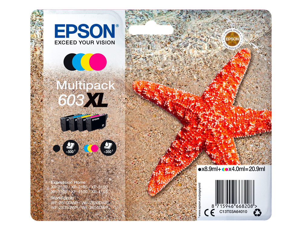 EPSON - Ink-jet 603xl xp-2100 / 2105 / 3100 / 4100 / wf-2810 / 2830 / 2835 / 2850 multipack 4 colores negro (Ref. C13T03A64010)