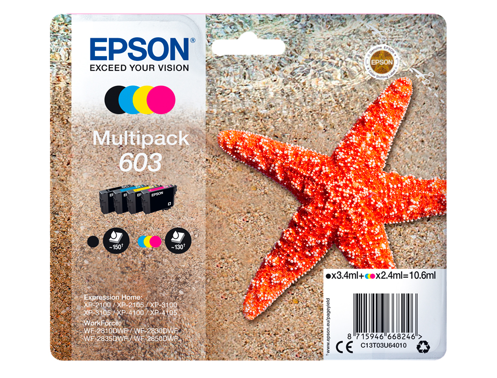 EPSON - Ink-jet 603 xp-2100 / 2105 / 3100 / 4100 / wf-2810 / 2830 / 2835 / 2850 multipack 4 colores negro (Ref. C13T03U64010)