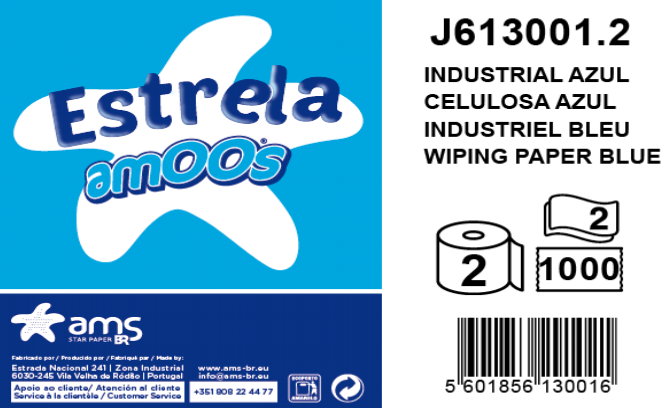 AMOOS - Papel Secamanos Industrial 2 bobinas azul 2capas 1.000 servicios 300 metros 100% fibra pura (Ref.J613001.2)
