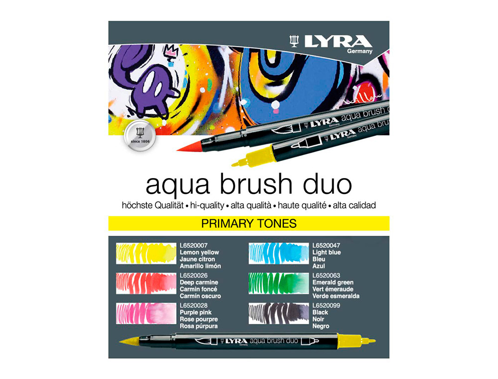 LYRA - Rotulador aqua brush acuarelable doble punta y pincel tonos primarios blister de 6 unidades (Ref. L6521060)