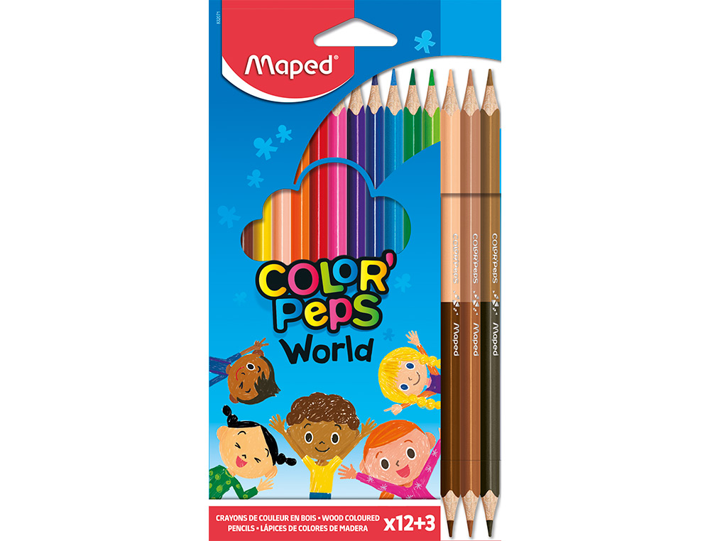 MAPED - Lapices de colores color peps world caja de 12 colores surtidos + 3 duo tonos de piel (Ref. 832071)