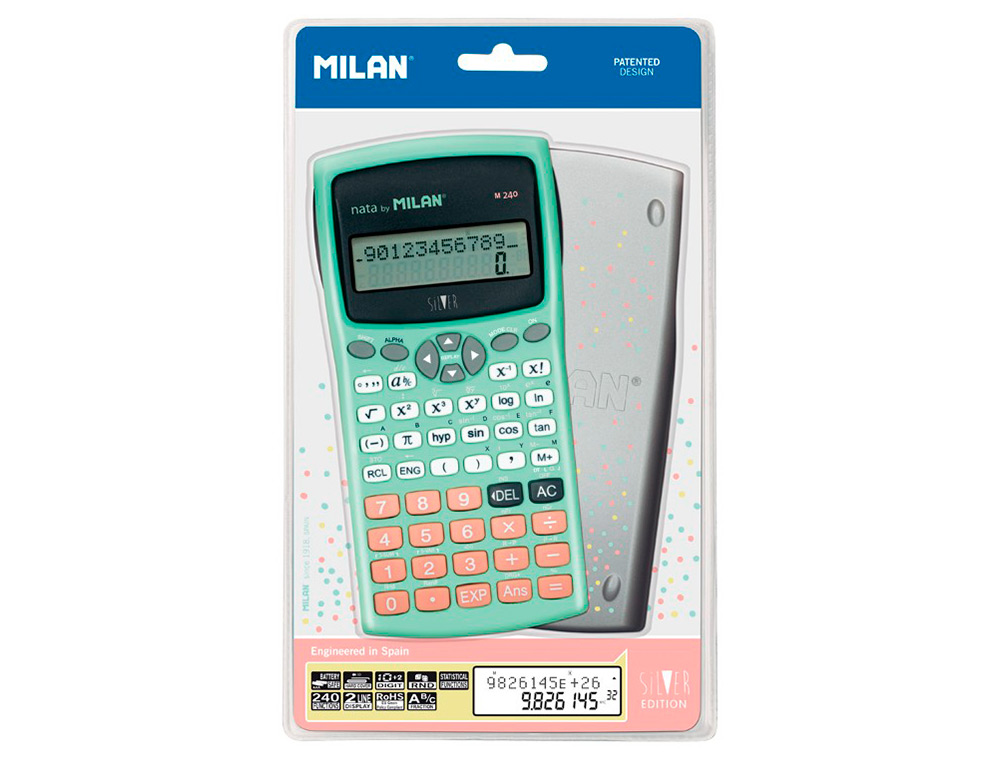 MILAN - Calculadora cientifica m240 silver 2 lineas 240 funciones 10+2 digitos color verde turquesa con tapa color (Ref. 159110SLBL)