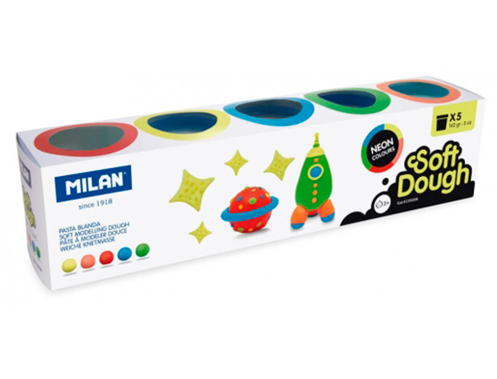 MILAN - Pasta para modelar soft dough neon caja de 5 botes colores surtidos 142 g (Ref. 913505N)