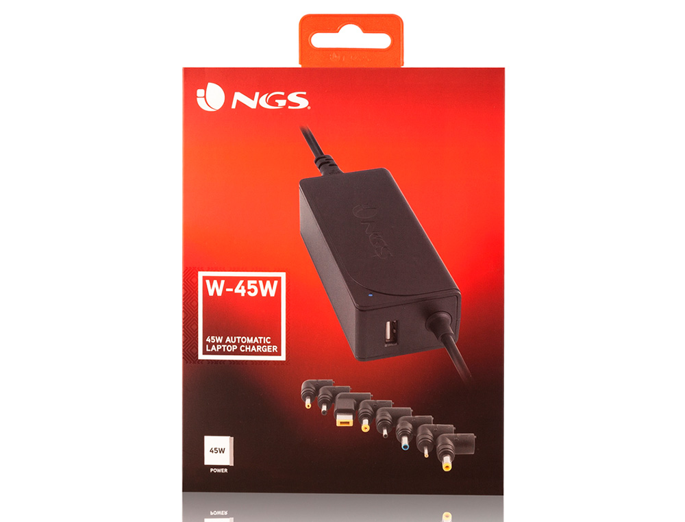 NGS - Adaptador de corriente automatic 45w con 8 adaptadores y salida usb 2a (Ref. W-45W)