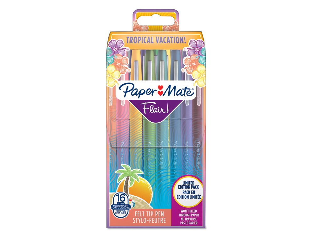 PAPERMATE - Rotulador paper mate flair original punta fibra tropical estuche rigido de 16 unidades colores surtidos (Ref. 2061396)
