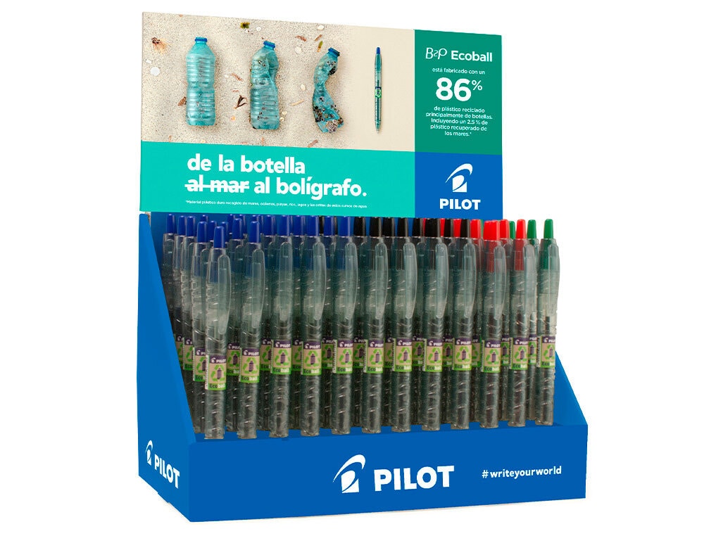 PILOT - Boligrafo ecoball plastico reciclado expositor de 60 unidades colores surtidos + 10 boligrafos (Ref. NEEB)