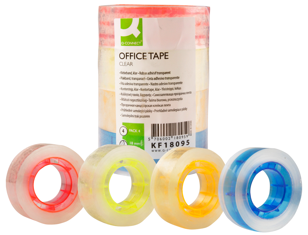Q-CONNECT - Cinta adhesiva con mandril de color 25 mt x 18 mm pack de 4 colores (Ref. KF18095)
