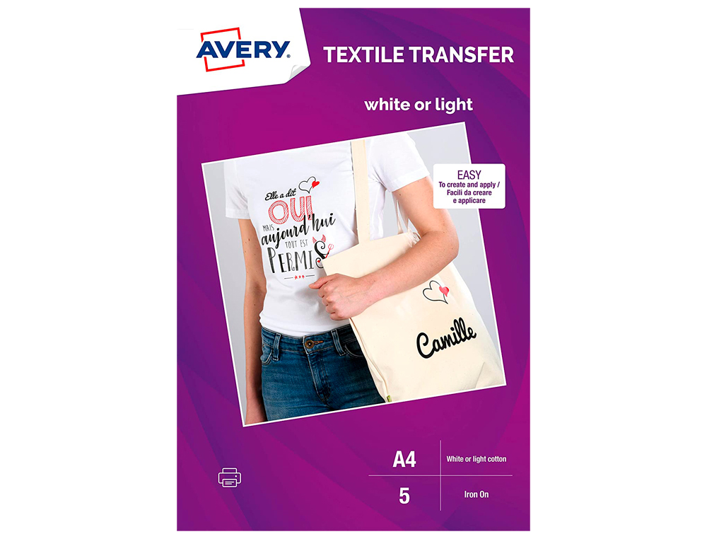 AVERY - Papel transfer para camisetas algodon color blanco ink-jet din A4 pack de 5 hojas (Ref. MD1001)
