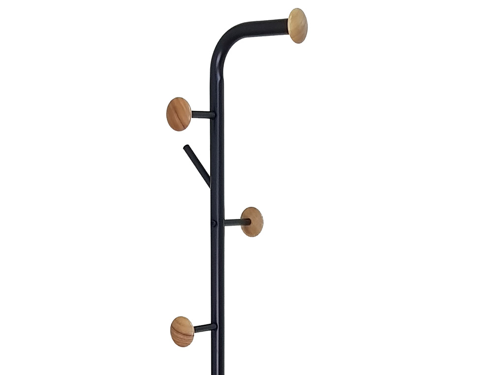 Q-CONNECT - Perchero metalico negro con detalles de madera 6 colgadores y paraguero 174x28,5 cm (Ref. KF17288)
