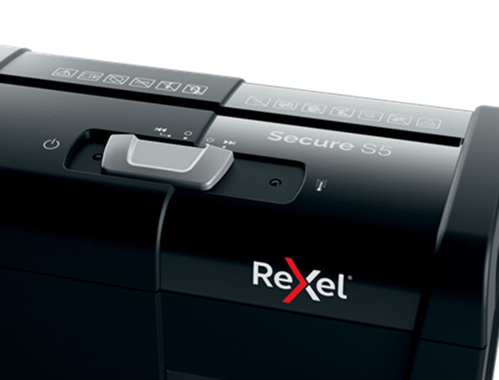 REXEL - Destructora de documentos secure s5 eu capacidad 5 hojas grapas clips tarjetas y cd papelera 10 l (Ref. 2020121EU)