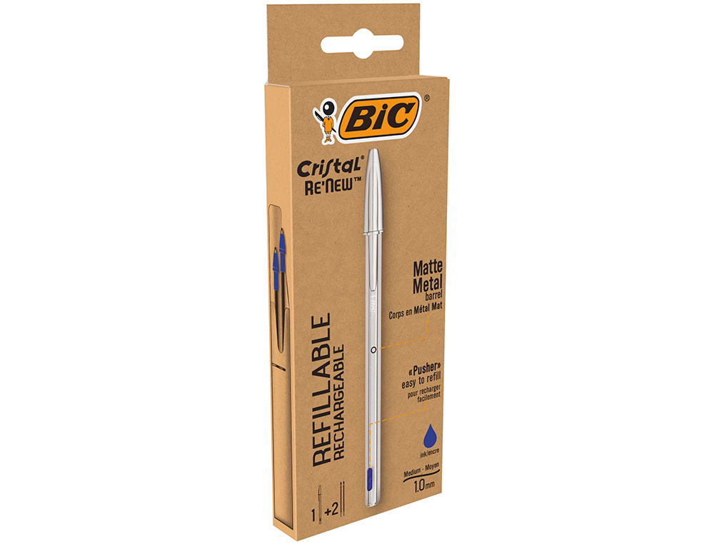 BIC - Boligrafo cristal renew tinta azul con cuerpo en aluminio mate mas 2 recambios en caja carton (Ref. 997202)
