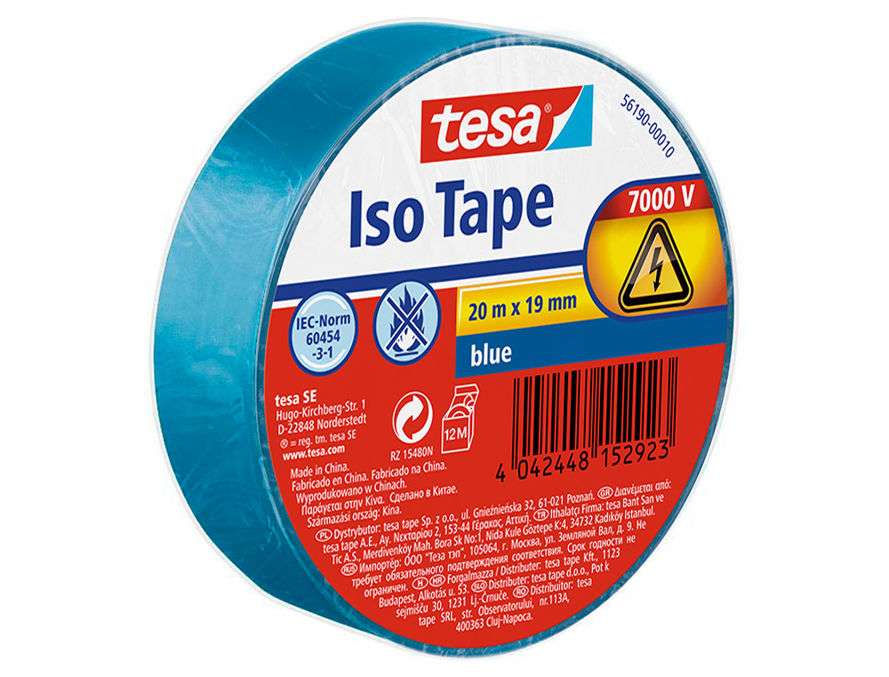 TESA - Cinta adhesiva aislante 20 mt x 19 mm color azul (Ref. 56190-00010-22)