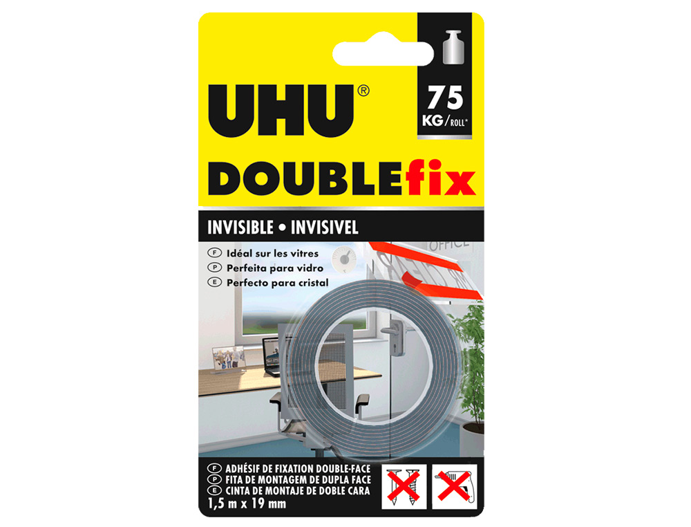 UHU - Cinta adhesiva doublefix invisible doble cara extra fuerte 1,5 mt x 19 mm (Ref. 44868)