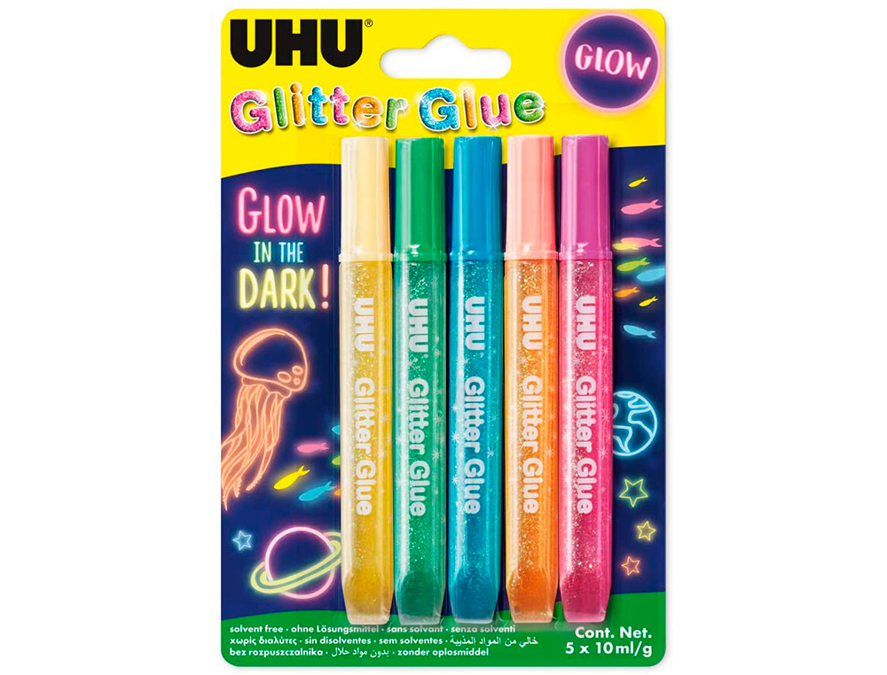 UHU - Purpurina pegamento glitter glow lavable blister de 5 unidades 10 ml (Ref. 157288)