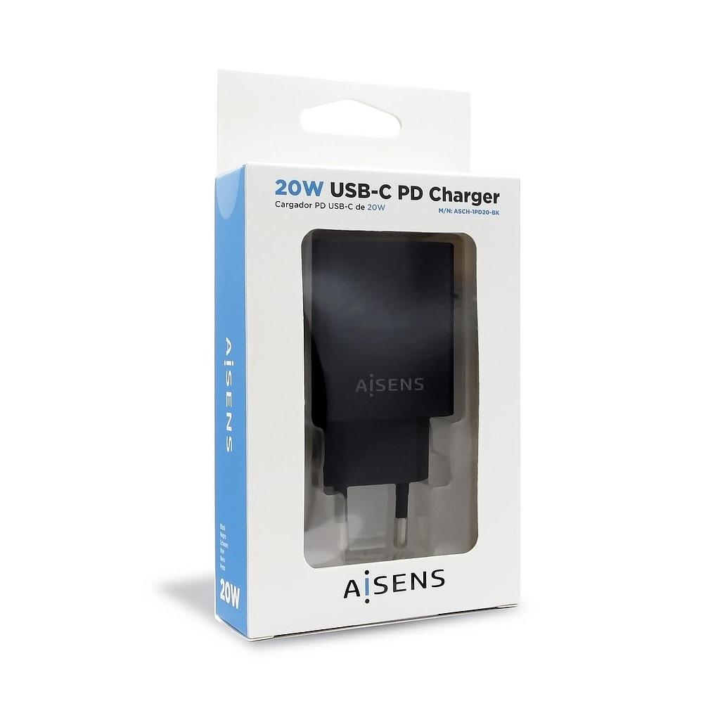 AISENS - CARGADOR USB-C PD3.0 1 PUERTO 1xUSB-C 20W, NEGRO (Ref.ASCH-1PD20-BK)