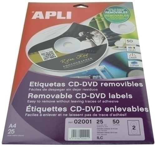 APLI - ETIQUETAS ADH.IMPR. A4 MULTIMED.CD-DVD CLASICA BLISTER 25h REMOVIBLE MATE Ø ext.114 e int.41 mm 50 uds.(0) (Ref.2001)