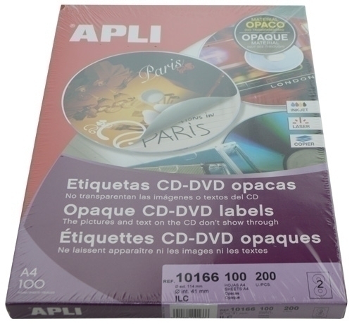 APLI - ETIQUETAS ADH.IMPR. A4 MULTIMED.CD-DVD CLASICA CAJA 100h DORSO OPACO Ø ext.114 e int.41 mm 200 uds.() (Ref.10166)