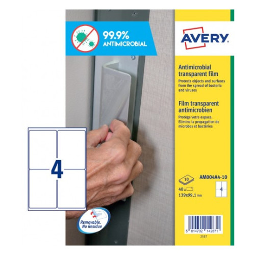 AVERY - ETIQUETAS ADH. A4 POLYESTER ANTIBACTERIANA Y ANTIMICROBIANA REMOVIBLE CAJA 10h 139x99,1 mm 40 uds.() (Ref.AM004A4)