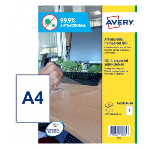 AVERY - ETIQUETAS ADH. A4 POLYESTER ANTIBACTERIANA Y ANTIMICROBIANA REMOVIBLE CAJA 10h 199,6x289,1 mm 10 uds.() (Ref.AM001A4)