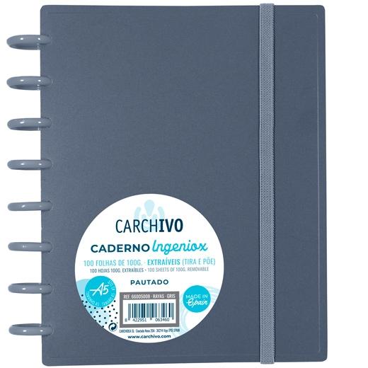 CARCHIVO - CUADERNO INGENIOX ESPIRAL A5 100H C/SEPARADORES EXTRAÍBLES 100GR CUADRÍCULA 5X5 TAPAS PP SEMI-RÍGIDO CIERRE C/GOMA GRIS (Ref.66005108)