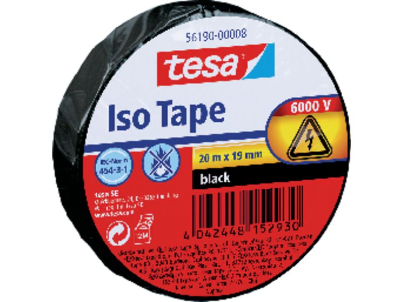 TESA - Cinta Aislante de electricidad 19 mm x 20 m. ColorNegro. Hasta 6000 voltios (Ref.56190-00008-02)