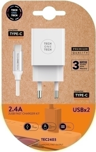 TECH ON TECH - CARGADOR DOBLE PARED BLANCO + CABLE USB-C MULTI ALTO RENDIMIENTO 2,4A (Ref.TEC2403)