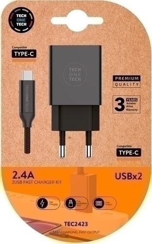 TECH ON TECH - CARGADOR DOBLE PARED NEGRO + CABLE USB C TECH ONE ALTO RENDIMIENTO 2,4A (Ref.TEC2423)
