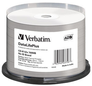 VERBATIM - CD-R 700MB 52x DataLifePlus Wide Thermal Professional (Tarrina 50) (Canon L.P.I. 4€ Incluido) (Ref.43756)