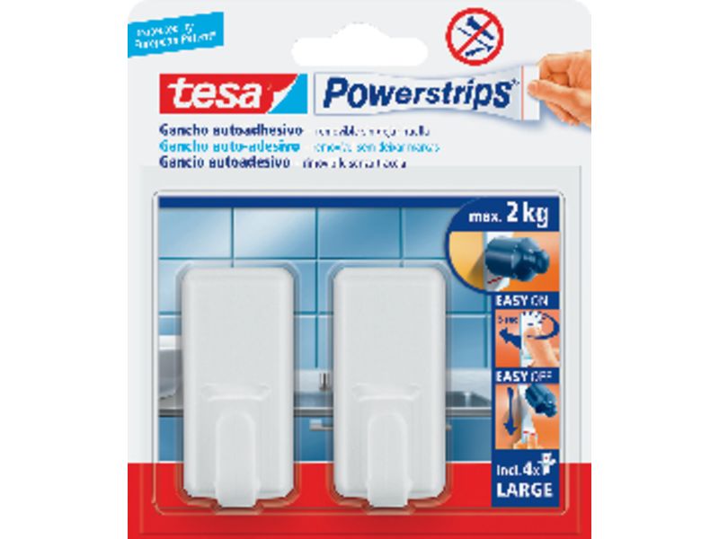 TESA - Menaje Powerstrips 2 ganchos+3 tiras Para fijar en el hogar hasta 2Kg I25594 (Ref.58010-00045-01)