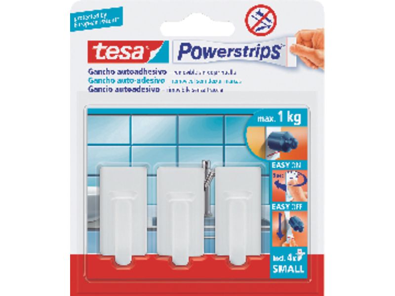 TESA - Menaje Powerstrips 4 ganchos+3tiras Para cualquier lugar del hogar hasta 2Kg I25595 (Ref.57530-00014-01)
