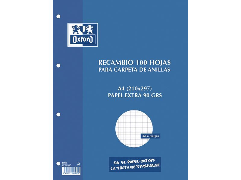 OXFORD - Recambio de papel 100+20 hojasA4 Cuadricula 4x4 (Ref.400058179)