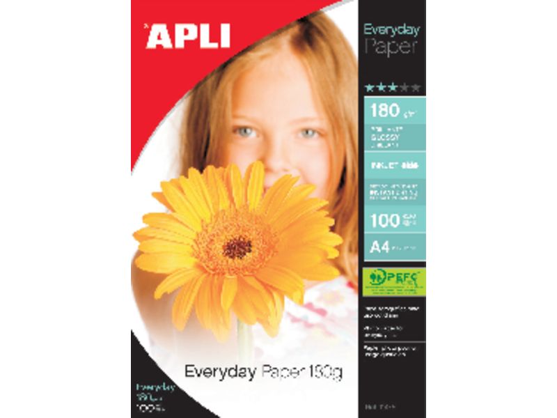 APLI - Papel fotografico Everyday Paquete 100 hojas A4 180 G Brillo (Ref.11475)