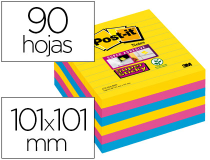 POST-IT - BLOC DE NOTAS ADHESIVAS QUITA Y PON SUPER STICKY 101X101 MM CON 90 HOJAS RAYADO PACK DE 6 BLOC COLORES (Ref.675-SS6RIO-EU)