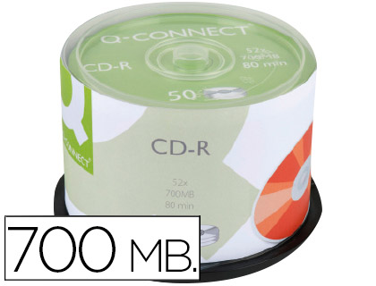 Q-CONNECT - CD-R CON SUPERFICIE 100% IMPRIMIBLE PARA INKJET CAPACIDAD 700MB DURACION 80MIN VELOCIDAD 52X BOTE DE 50 UNID (CANON L.P.I. 4€ Incluido) (Ref.KF18020)