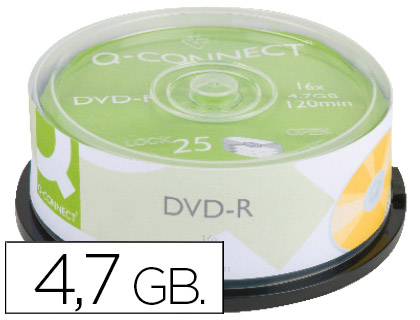 Q-CONNECT - DVD-R CON SUPERFICIE 100% IMPRIMIBLE PARA INKJET CAPACIDAD 4,7GB DURACION 120MIVELOCIDAD 16X BOTE DE 25 UNID (CANON L.P.I. 5,25€ Incluido) (Ref.KF18021)