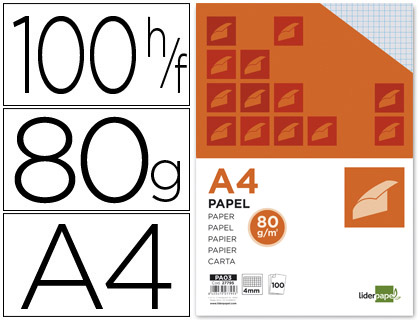 LIDERPAPEL - PAPEL A4 80G/M2 PAQUETE DE 100 SIN TALADROS CUADRO 4MM (Ref.PA03)