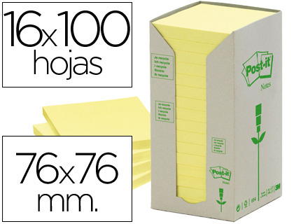 POST-IT - Torre notas adhesivas 16 blocs 100h Amarillo 76x76mm Reciclado (Ref.FT510110347)