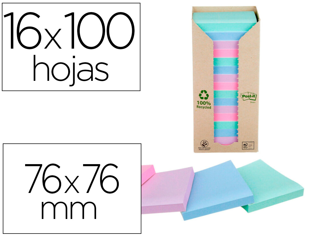 POST-IT - Torre notas adhesivas Pack 16 blocs Colores pastel surtidos 76x76mm (Ref.FT510110354)