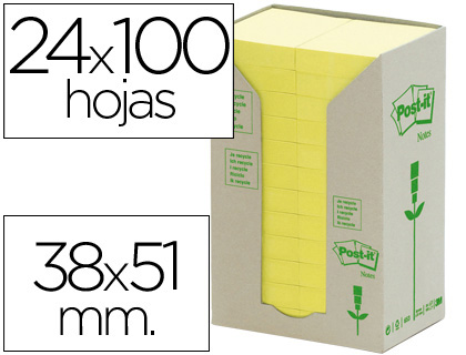 POST-IT - Torre notas adhesivas 24 blocs 100h Amarillo 38x51mm Reciclado (Ref.FT510110388)