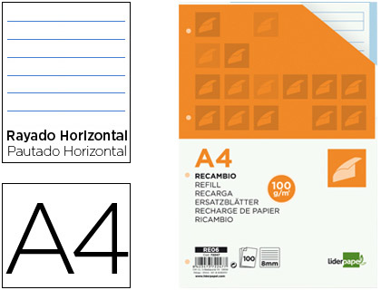 LIDERPAPEL - RECAMBIO A4 100 HOJAS 100 G/M2 RAYADO HORIZONTAL 4 TALADROS BANDAS DE 5 COLORES (Ref.RE06)