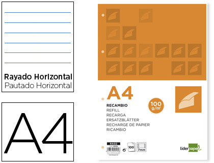 LIDERPAPEL - RECAMBIO A4 100 HOJAS 100G/M2 HORIZONTAL CON DDOBLE MARGEN 4 TALADROS (Ref.RA02)