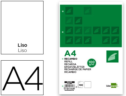 LIDERPAPEL - RECAMBIO A4 100 HOJAS 100G/M2 LISO SIN MARGEN 4 TALADROS (Ref.RA06)