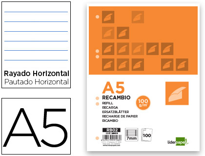 LIDERPAPEL - RECAMBIO A5 100 HOJAS 100G/M2 HORIZONTAL CON MARGEN 6 TALADROS (Ref.RB02)