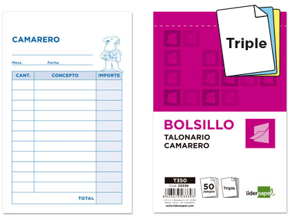 LIDERPAPEL - TALONARIO CAMARERO BOLSILLO ORIGINAL Y 2 COPIAS (Ref.T350)