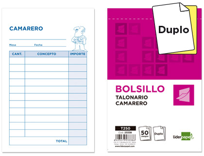 LIDERPAPEL - TALONARIO CAMARERO BOLSILLO ORIGINAL Y COPIA (Ref.T250)