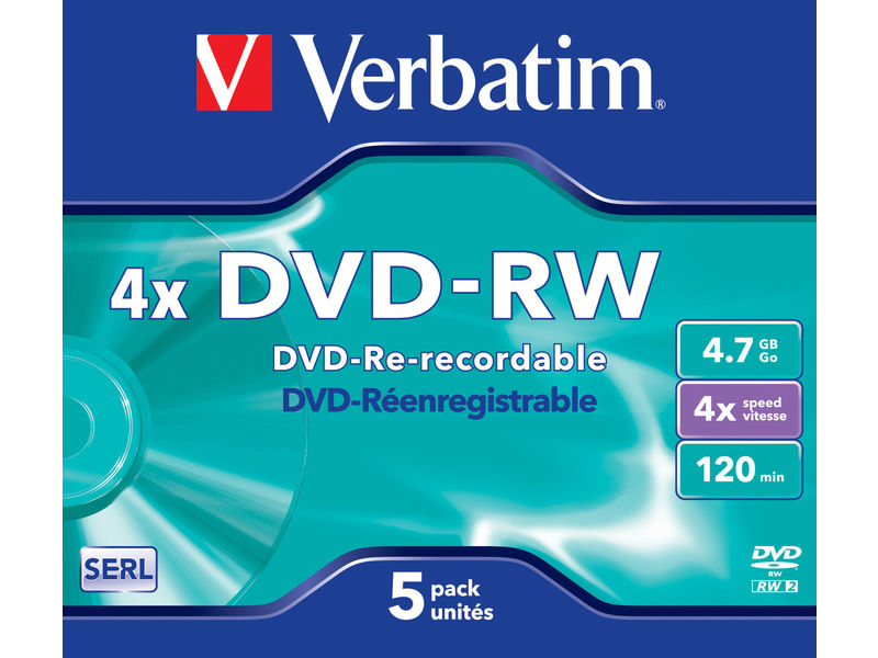 VERBATIM - Dvd -RW Matt Silver Pack 5 ud 4.7GB 4X 120min (CANON L.P.I. 1,4€ Incluido) (Ref.43285)