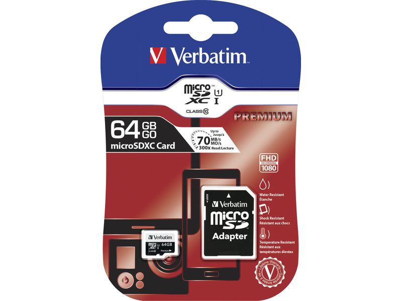 VERBATIM - Tarjeta de memoria Micro SDXC de 64GB con adaptador SD Clase 10 (CANON L.P.I. 0,24€ Incluido) (Ref.44084)