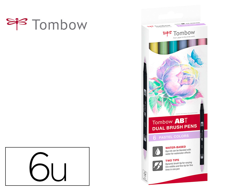 TOMBOW - Estuche 6 rotuladores Dual Brush doble punta pincel. Colores pastel. (Ref.ABT-6P-2)