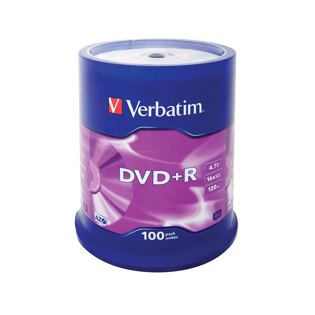 VERBATIM - DVD+R AZO Matt Silver bobina pack 100 ud 16x 4,7GB 120min (CANON L.P.I. 2,1€ Incluido) (Ref.43551)